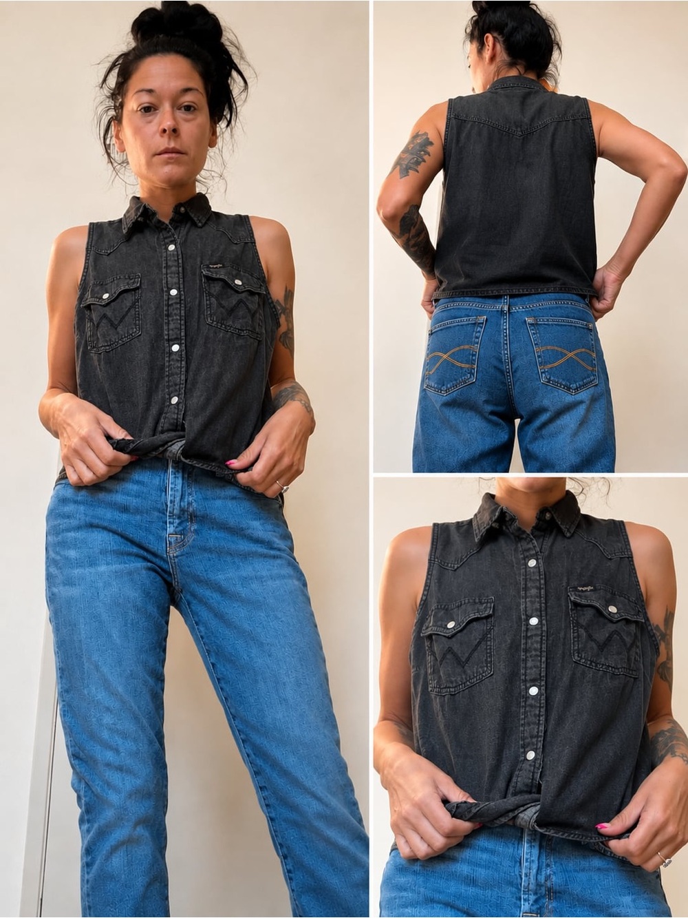 Wrangler Black Sleeveless Denim Western Shirt
